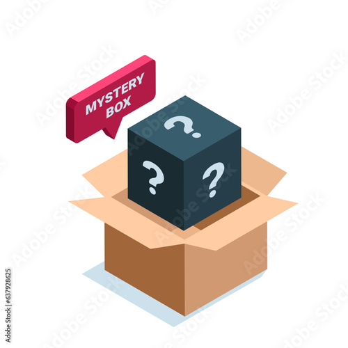 isometric open box and box with question marks in color on white background, text bubble with inscription mystery box