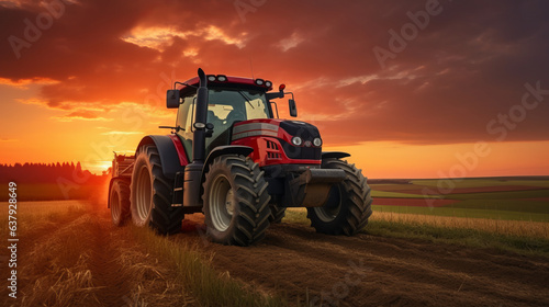 Tractor driving on the field at sunset