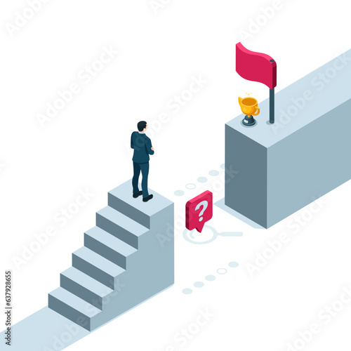 isometric man stands in front of an abyss through which he needs to go to the flag in color on a white background, the path to success or obstacles in achieving the goal