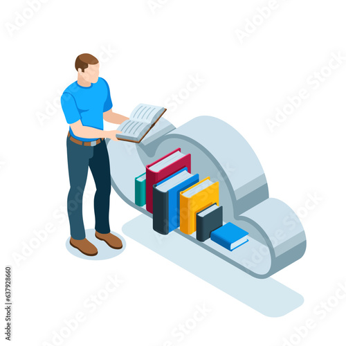 isometric man reading a book near a big cloud with books in color on a white background, online library or cloud data storage