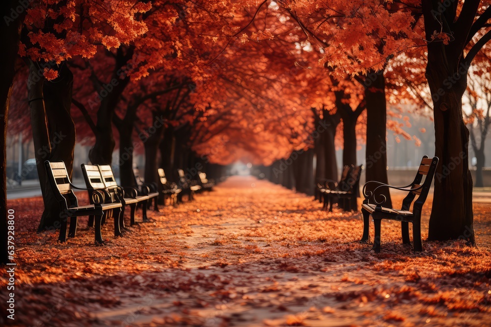Autumn alley in the park with benches and red and orange fallen leaves. Autumn scenic view. generative AI