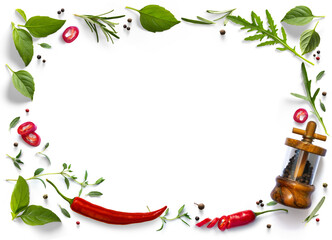 frame / border PNG Food design element. Spices and herbs with real transparent shadow on transparent background. Variety of spices and mediterranean herbs.