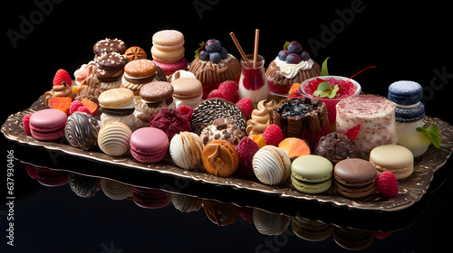 A dessert platter features an array of pastries, cakes, and macarons, each dessert a miniature masterpiece. The intricate detailing of the icing, layers, and fillings is vividly displayed.
