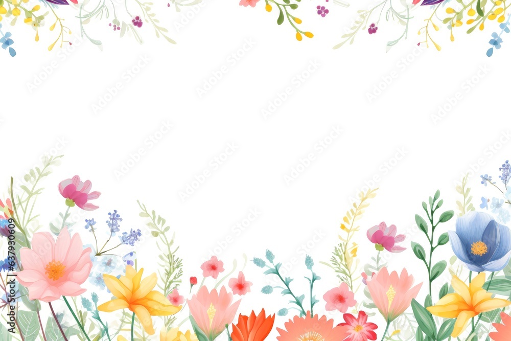 Floral border frame card template. multicolor flowers, leaves, for banner, wedding card. Springtime composition with copy-space