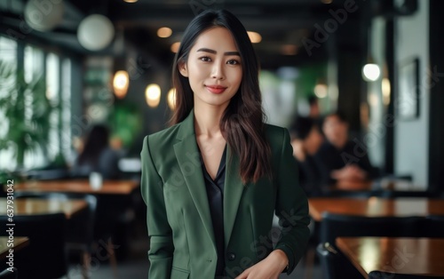 Portrait of a business woman in green suit in clean background