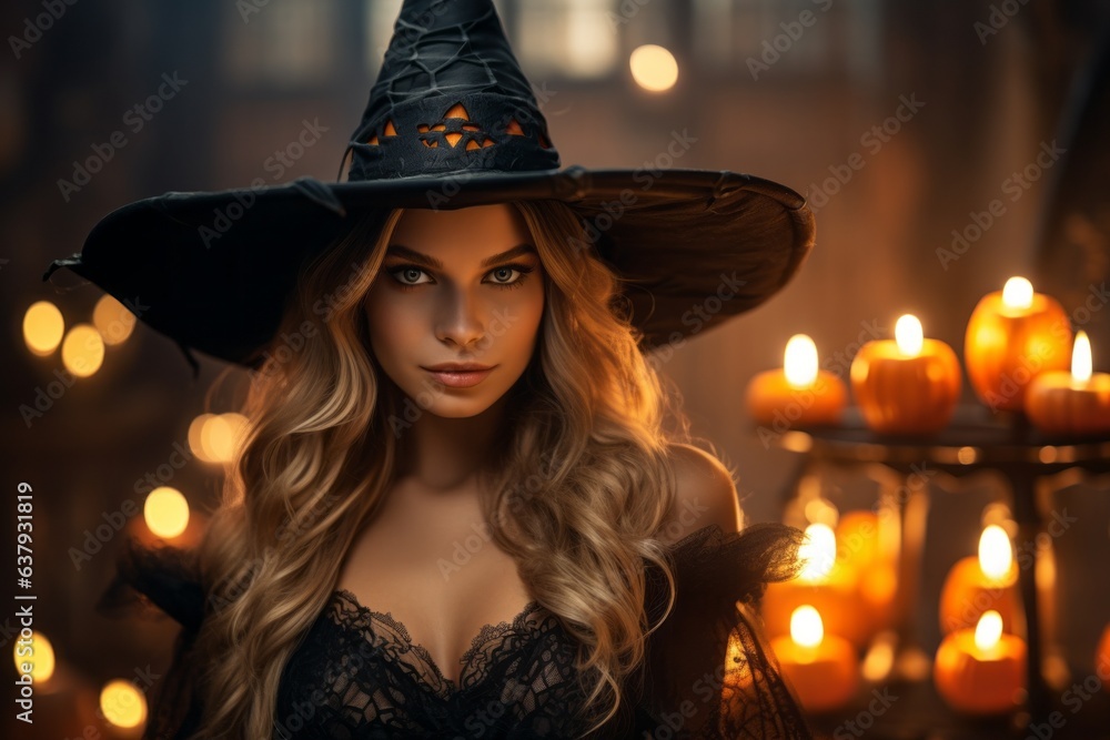 Woman in witch costume for halloween party. Halloween concept. Background with selective focus and copy space Woman in witch costume for halloween party. Halloween concept. Background with selective focus and copy space