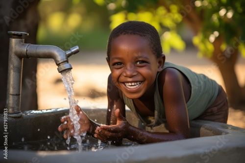 Photo An African child sincerely rejoices in tap water