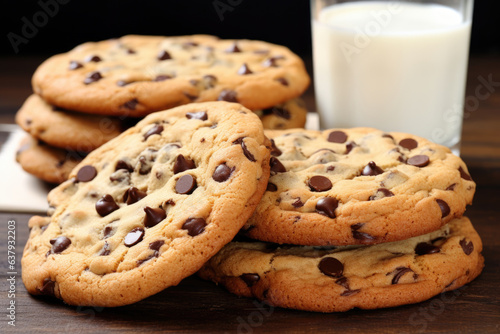 A stack of chocolate chip cookies on a wooden table. They are stacked on top of each other with the top cookie slightly tilted  glass of milk in the background