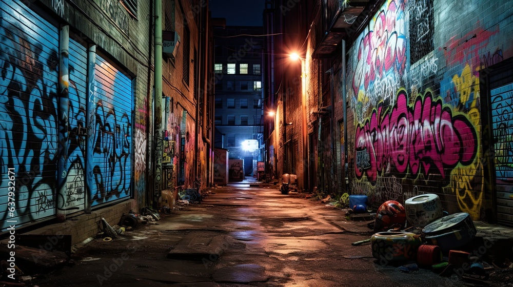 A dark alley lined with graffiti-covered walls and mysterious symbols - Generative ai A dark alley lined with graffiti-covered walls and mysterious symbols - Generative ai
