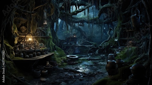 A witch's lair hidden deep in the woods, surrounded by bubbling cauldrons and mystical ingredients - Generative ai photo