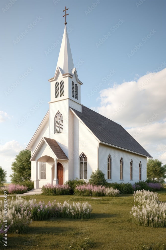 Exterior of little white country church building on a sunny day with white clouds Exterior of little white country church building on a sunny day with white clouds