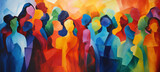 Abstract colorful art watercolor painting depicts a diverse group of people united