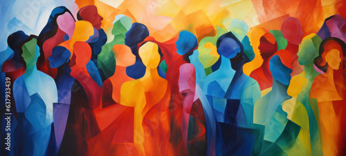 Abstract colorful art watercolor painting depicts a diverse group of people united photo
