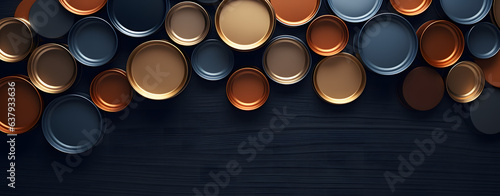 Metallic Ensemble: Group of Cans and White Tin on Brown Wood Background, Aerial Photography with a Touch of Dark Silver