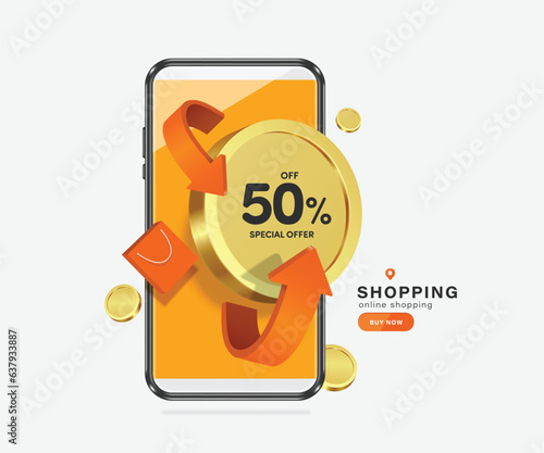 arrow revolves around gold coin or dollar money with promotional message special offer 50% off and shopping bag on side All appear in front of  smartphone screen