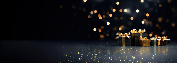 Black gift boxes with golden ribbon bow tag on blurred dark blue background with orange lights. Copy space. New year. Birthday. Black friday discounts concept