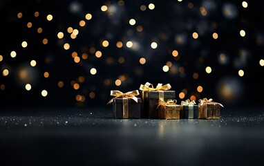 Black, golden and gray gift boxes with golden ribbon bow tag and golden confetti on blurred dark blue background with orange lights. Copy space. New year. Birthday. Black friday discounts concept