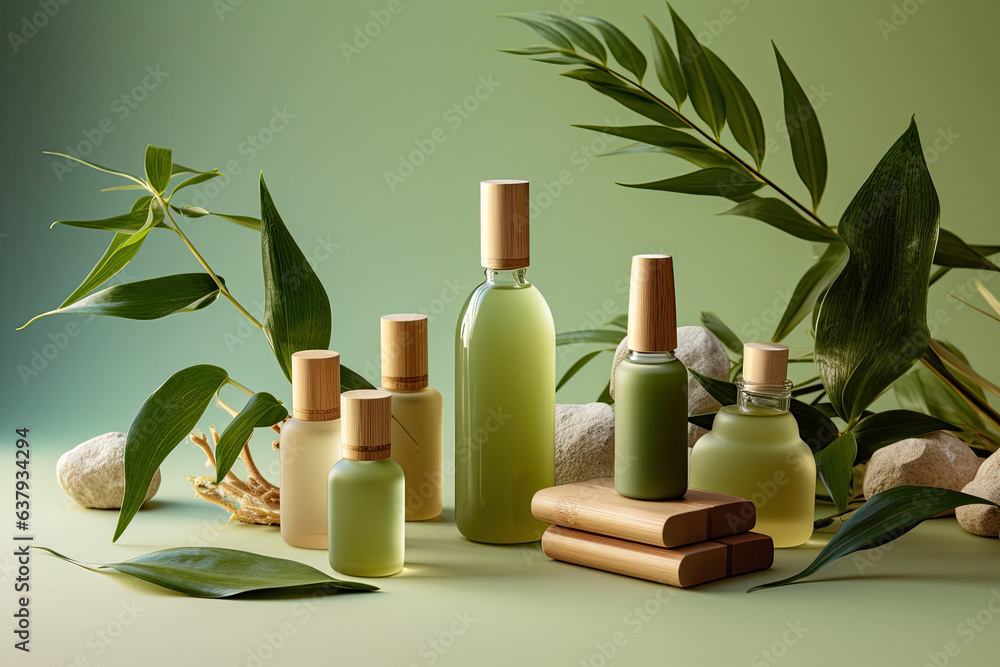 Natural cosmetics set with leaves and plants on green background. Natural cosmetics concept. AI generation. Natural cosmetics set with leaves and plants on green background. Natural cosmetics concept. AI generation.