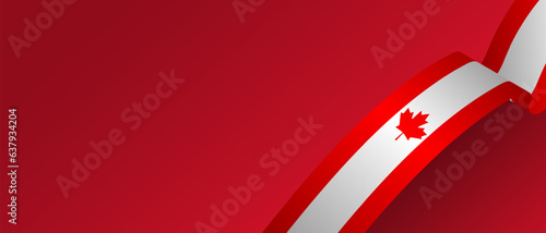 Waving Canadian Flag on red gradient banner. Realistic Flag of Canada on colored background. Vector Illustration. EPS 10
