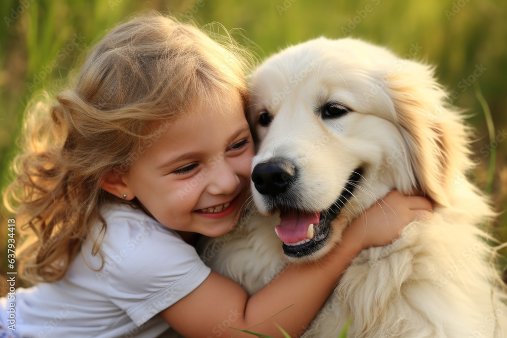 A young girl hugging a dog in a grassy field. The dog is lying down and the girl is hugging its neck A young girl hugging a dog in a grassy field. The dog is lying down and the girl is hugging its neck