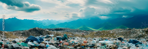 sprawling landfill site overflowing with mountains of discarded plastic waste, highlighting the issue of plastic pollution. Generative AI