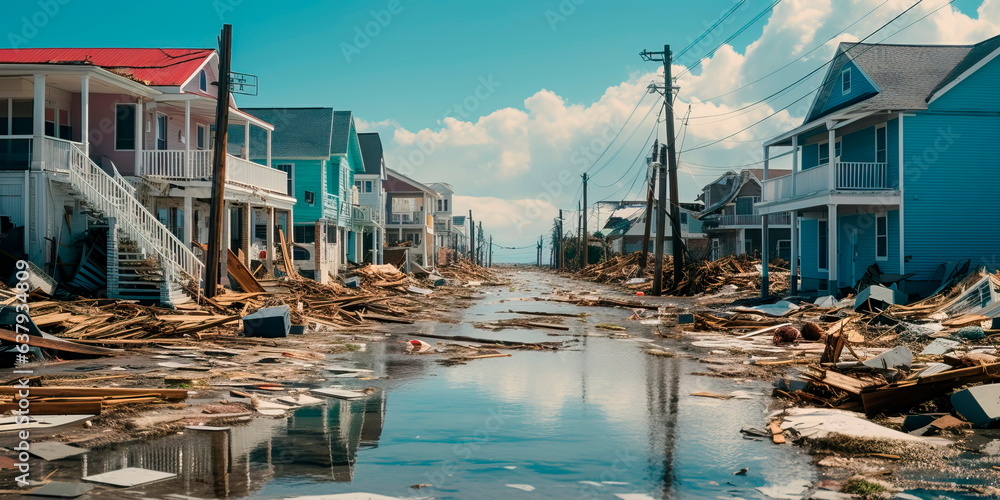 coastal town battered by the relentless force of a powerful hurricane, highlighting the impacts of extreme weather events. Generative AI - obrazy, fototapety, plakaty 