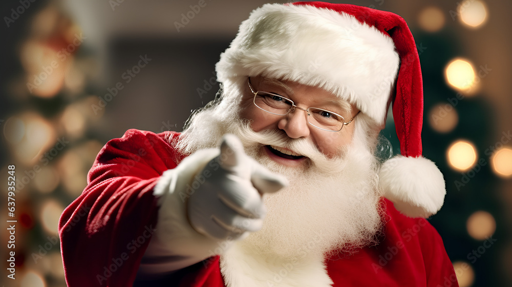 Santa Claus points his finger at the camera on a bright background with bokeh. Generative. Santa Claus points his finger at the camera on a bright background with bokeh. Generative.