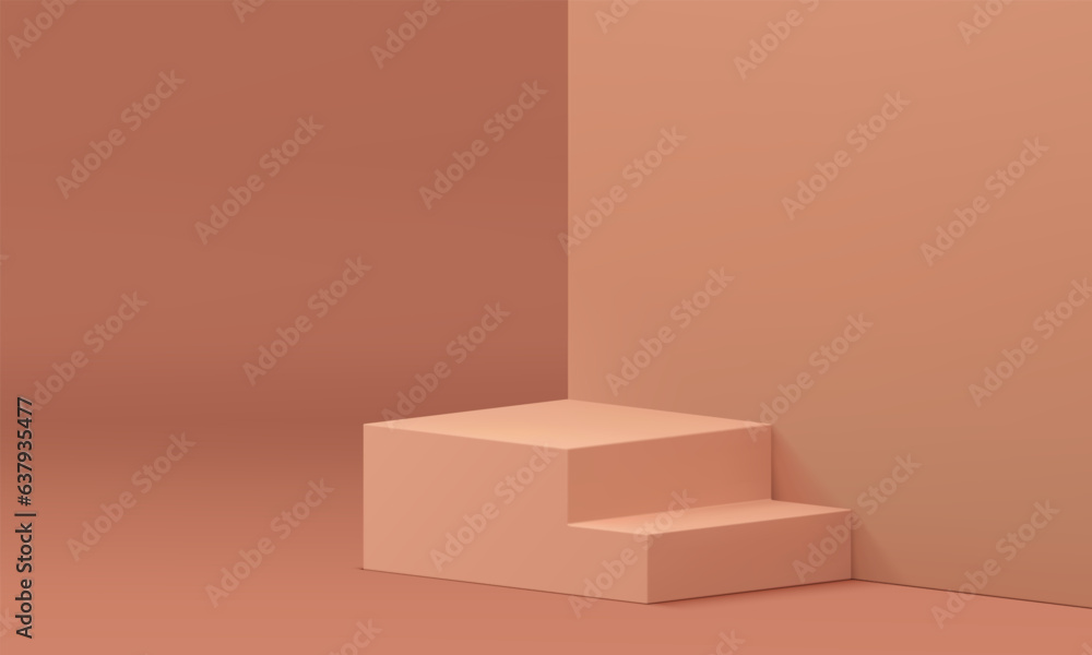 Beige 3d podium staircase with neutral wall backdrop mock up for cosmetic product show vector Beige 3d podium staircase with neutral wall backdrop mock up for cosmetic product show vector
