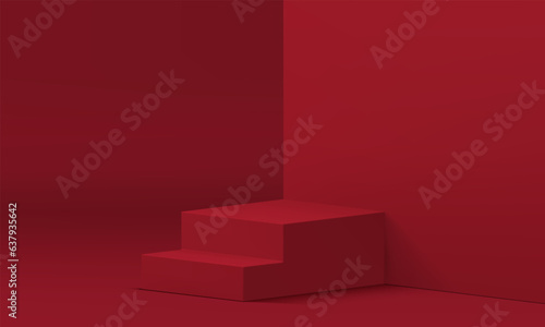 3d stairs podium platform with steps red wall backdrop modern promo studio interior vector