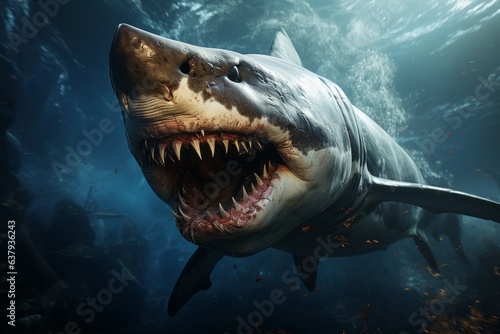Great white shark underwater. Beautiful illustration picture. Generative AI © standret
