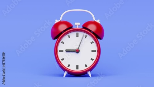 Red alarm clock with fast moving hands on blue background.Ready to loop 3d animation