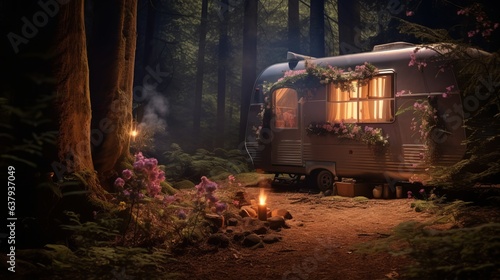 Enchanted forest camp with trailer. Beautiful illustration picture. Generative AI