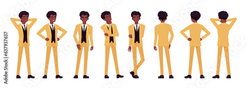 African american yellow suit man, businessman set, different standing poses. Standup performer comedian, office consultant, entertainer. Vector flat style cartoon character isolated, white background