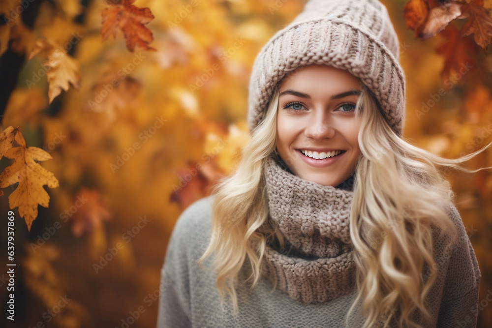 Pretty woman with knitted hat and scarf in autumn forest Pretty woman with knitted hat and scarf in autumn forest