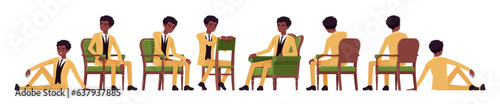 African american yellow suit man, businessman set, different sitting poses. Standup performer comedian, office consultant, entertainer. Vector flat style cartoon character isolated, white background