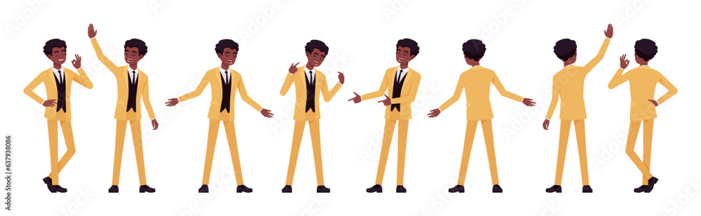African american yellow suit man, businessman set, positive emotions. Active standup performer comedian, office consultant, entertainer. Vector flat style cartoon character isolated, white background African american yellow suit man, businessman set, positive emotions. Active standup performer comedian, office consultant, entertainer. Vector flat style cartoon character isolated, white background