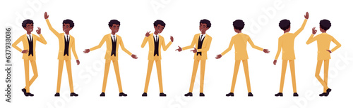 African american yellow suit man, businessman set, positive emotions. Active standup performer comedian, office consultant, entertainer. Vector flat style cartoon character isolated, white background