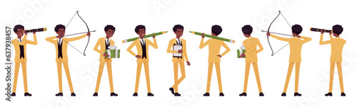 African american yellow suit man, businessman set, holding items poses. Standup performer comedian, office consultant, entertainer. Vector flat style cartoon character isolated, white background