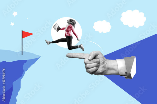 Art collage. Success support, businesswoman bounce on trampoline jump flying high to grab star. photo