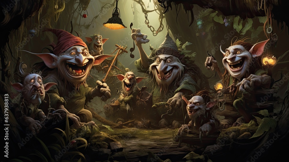 A group of goblins playing pranks on each other in a whimsical forest setting - Generative ai