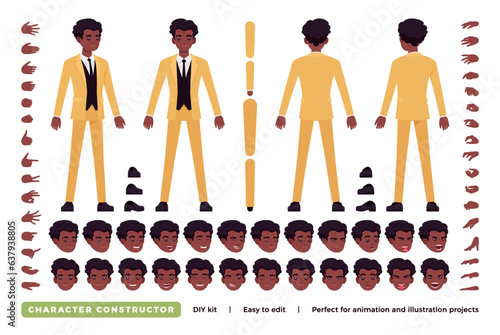 African american businessman DIY character constructor. Office man figure parts. Head, leg, hand gestures, different emotions. Vector flat style cartoon construction kit isolated, white background