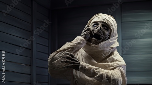 Fotografering A mummy tangled up in toilet paper, looking more like a prank gone wrong - Gener