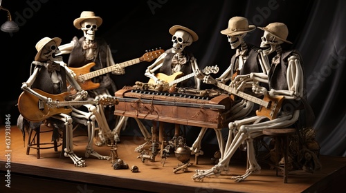 A skeleton band playing humorous instruments, like a xylophone made of bones - Generative ai photo