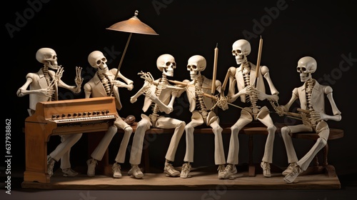 A skeleton band playing humorous instruments, like a xylophone made of bones - Generative ai