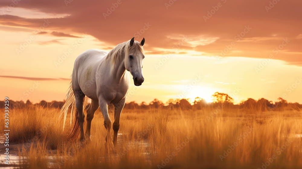 Animal photography horse with natural background in the sunset view, AI generated image - obrazy, fototapety, plakaty 