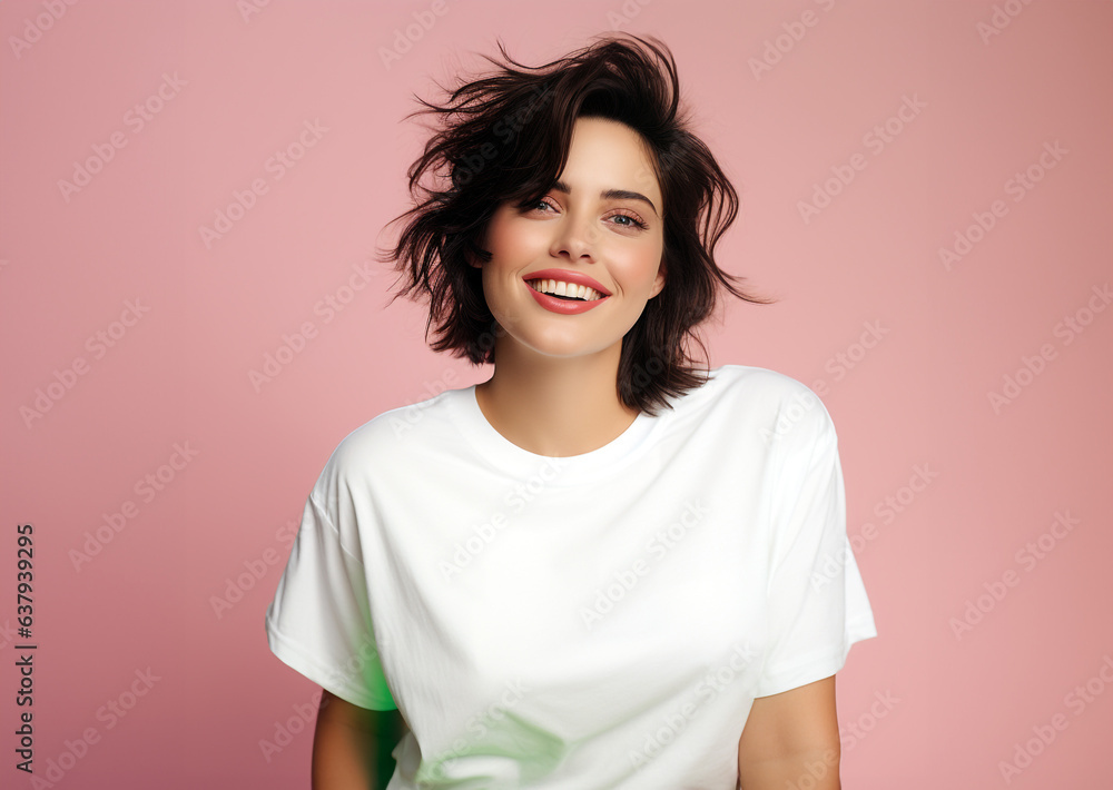 portrait of a smiling woman with red lips and pink background. portrait of a smiling woman with red lips and pink background.