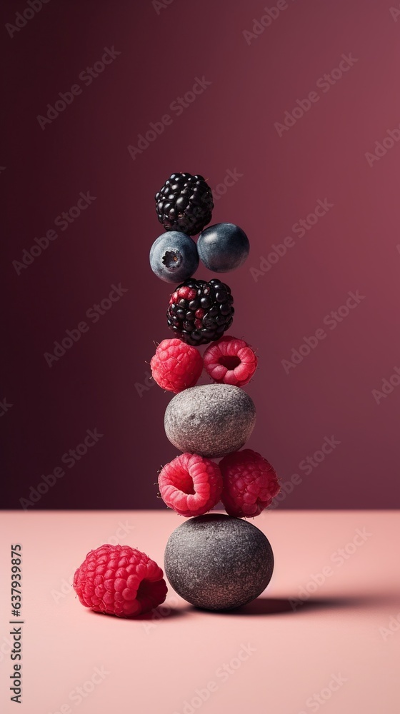 delicious raspberries, blueberries and blackberries balancing on top of each other on a dark background, a balanced diet concept, zen phone wallpaper