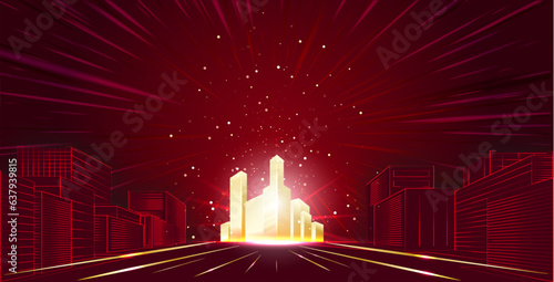 Golden shining metropolis on a red background. Vector.