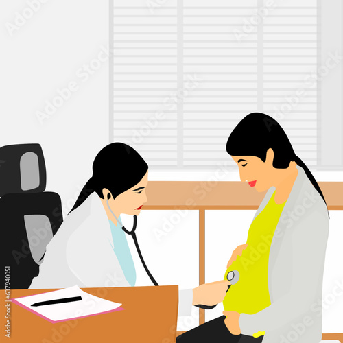 Female Doctor giving health check to pregnant woman using a stethoscope.

