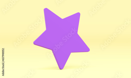 Purple 3d star wall decorative element at light yellow studio background realistic vector